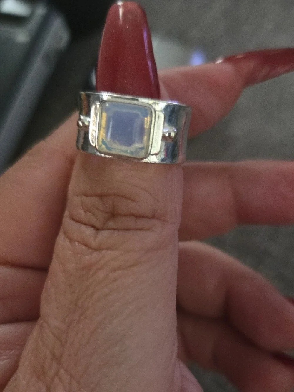 Source Unknown Silver Opal Ring with Iridescent White-Blue Opal
